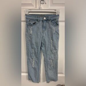 Justice Ripped with Rhinestones Light Wash Straight Leg Jeans, Girl Size 8 Jeans